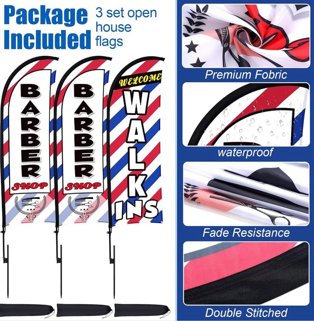 3 Set Barber Flag Walk Ins Welcome Barbershop Swooper Flag Poles, 12 FT x 2 FT