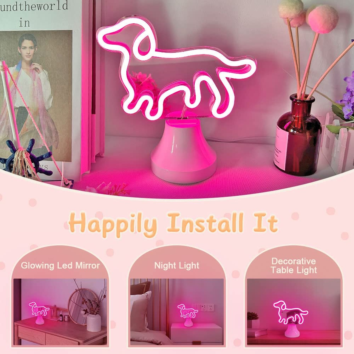 Dog Neon Sign for Room Decor, Neon Mirror Table Light, USB & Battery Operated…