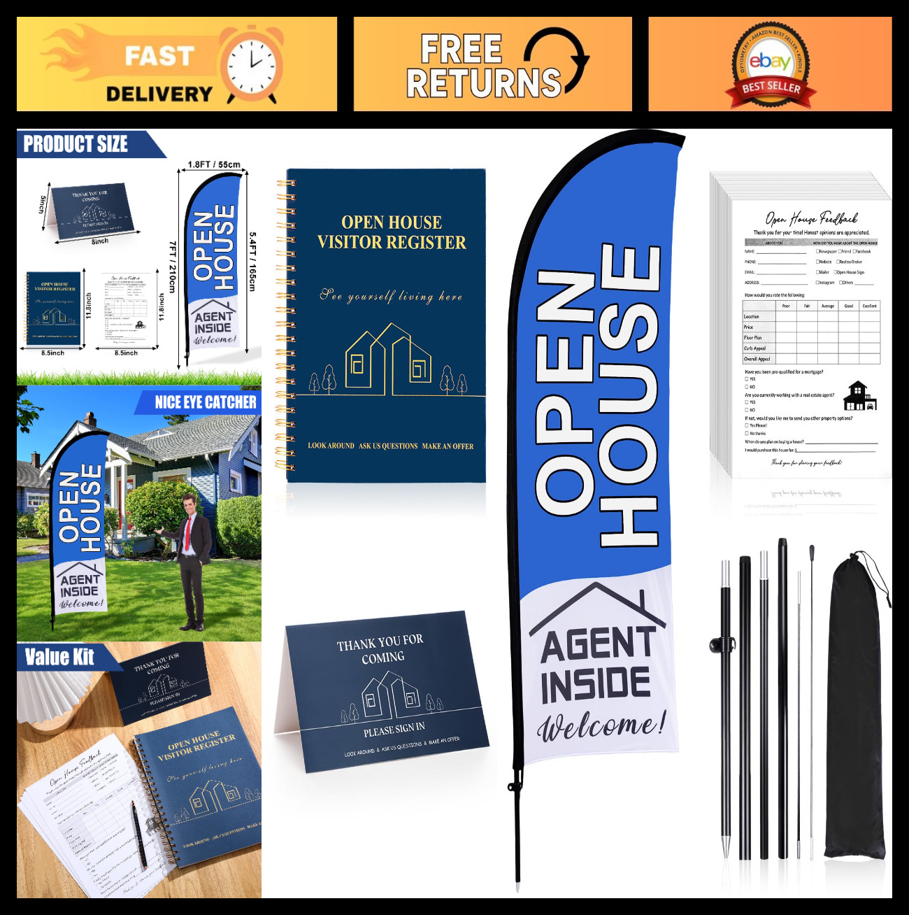 153 Open House Signs Set with Feather Flag, Guest Register, Tent Card & Feedback