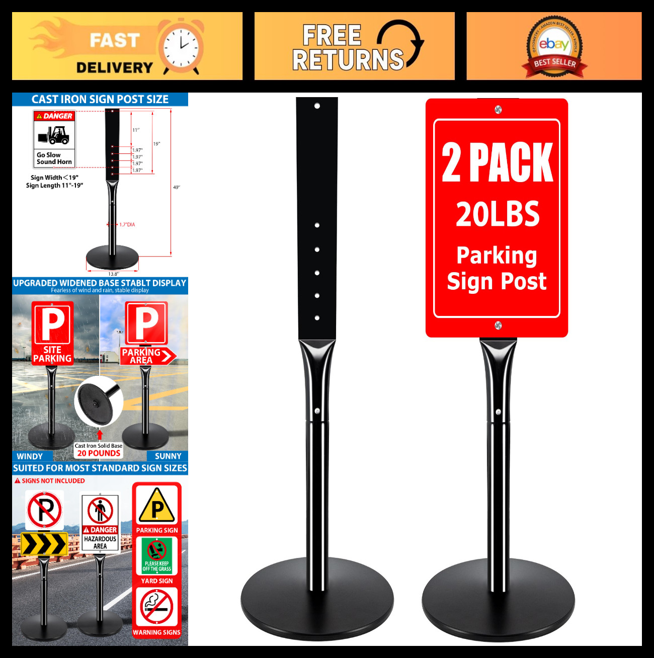 2Pack Heavy Duty Outdoor Sign Post – 20lbs Cast Iron Base, 49&Prime; Height, Black