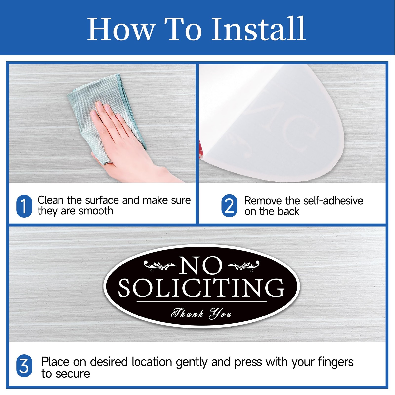 No Soliciting Sign Sticker for Front Door, Self-Adhesive Modern No Solicitors