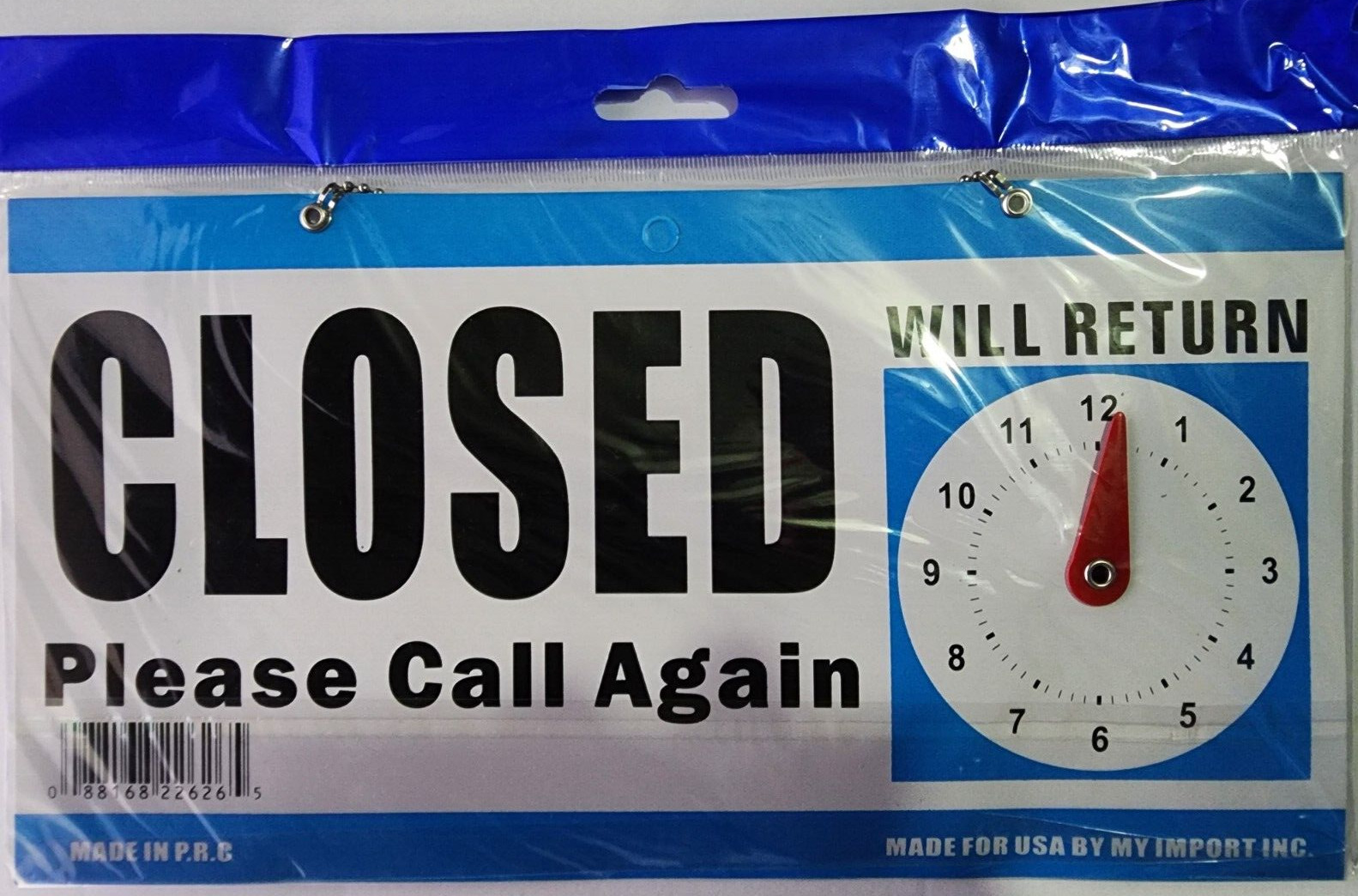 Open and Closed Sign, Plastic, with Hanging Chain, Dual Sides with “Will Return”