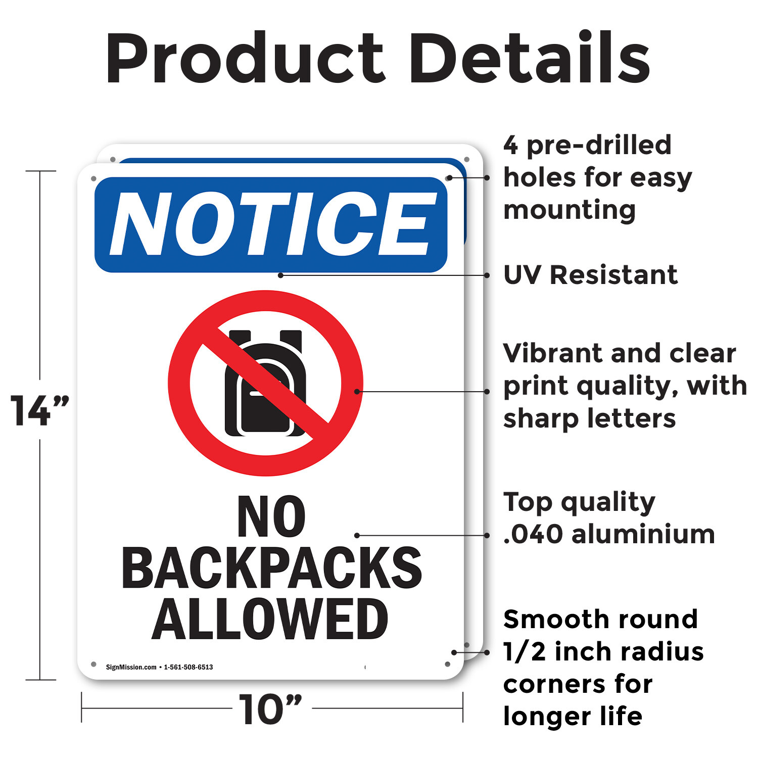 (2 Pack) No Backpacks Allowed OSHA Notice Sign Decal Metal Plastic