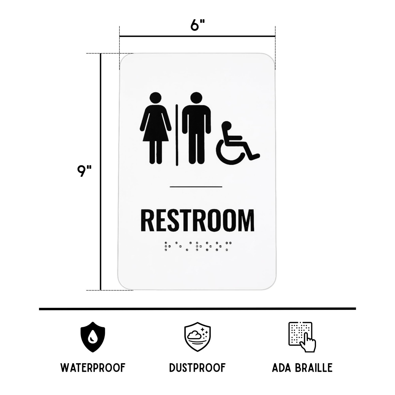 1 PCS 6×9 Inch Black/White Unisex Restroom Sign ADA Braille Bathroom Door Dec