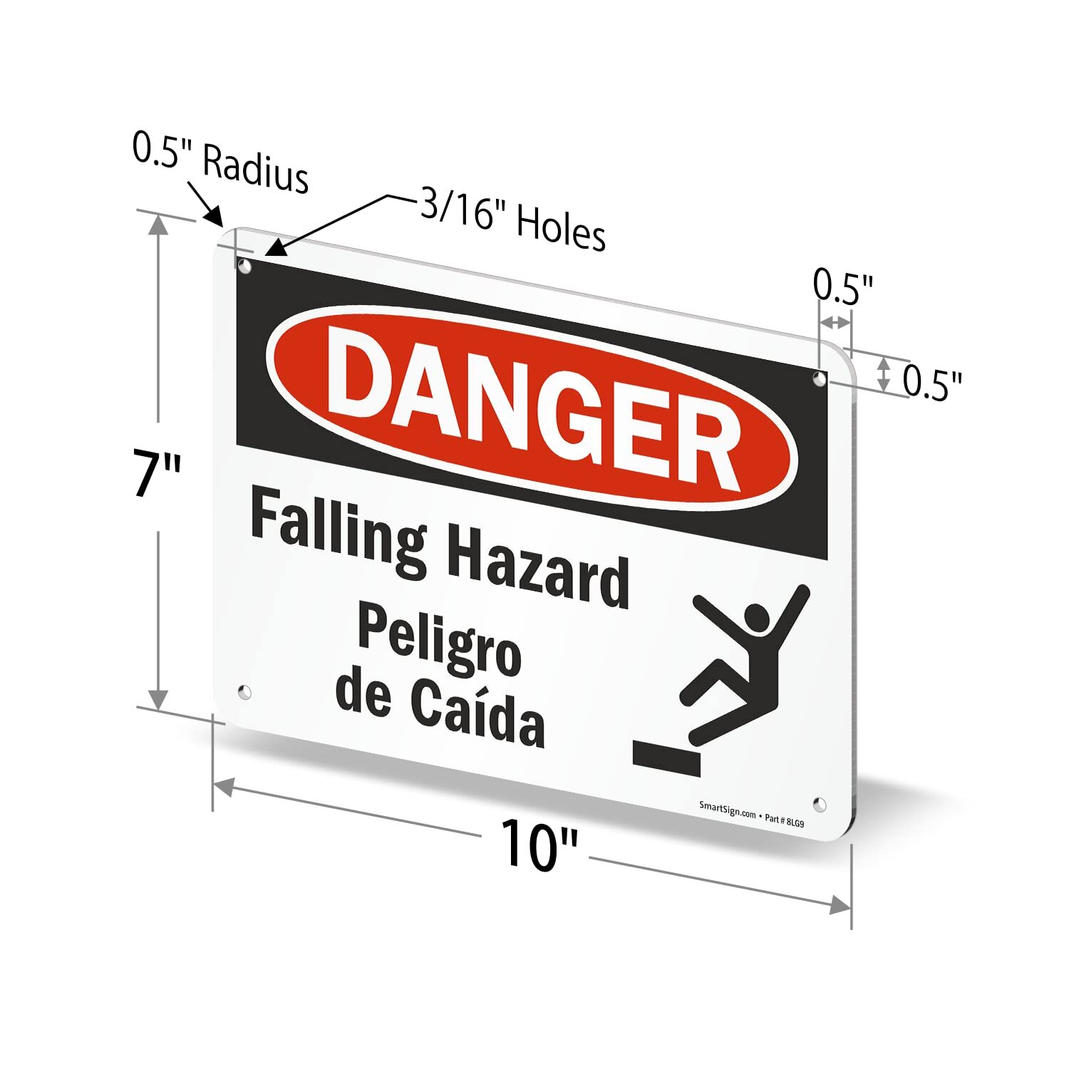 7×10 inch Danger Falling Hazard Peligro De Caida Bilingual OSHA Metal Sign