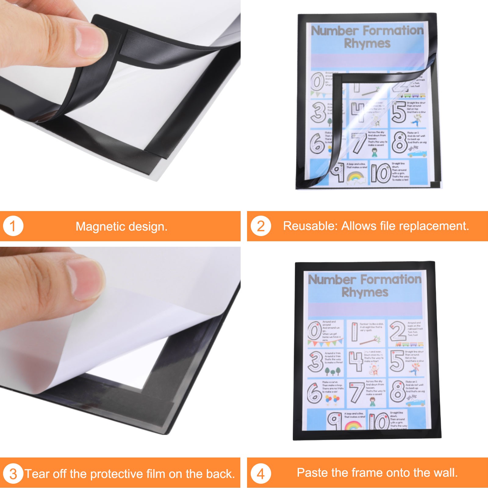 6pcs Self Adhesive Magnetic Wall Sign Holder, 11&Prime;x17&Prime; Frame Display,Black