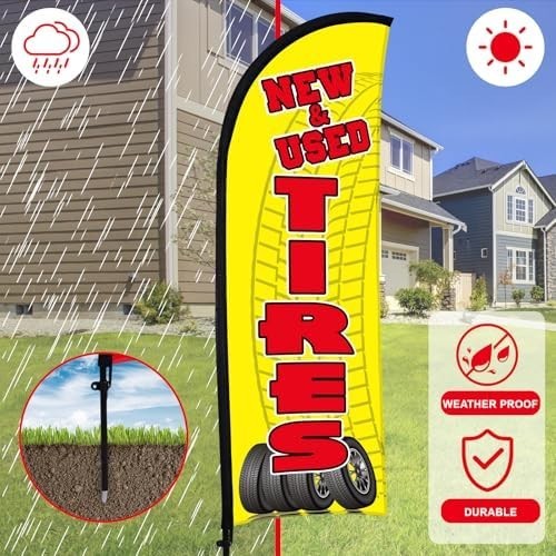 3 Sets Tires Shop Feather Flags with Poles 7Ft New and Use Tires Flags for Busin