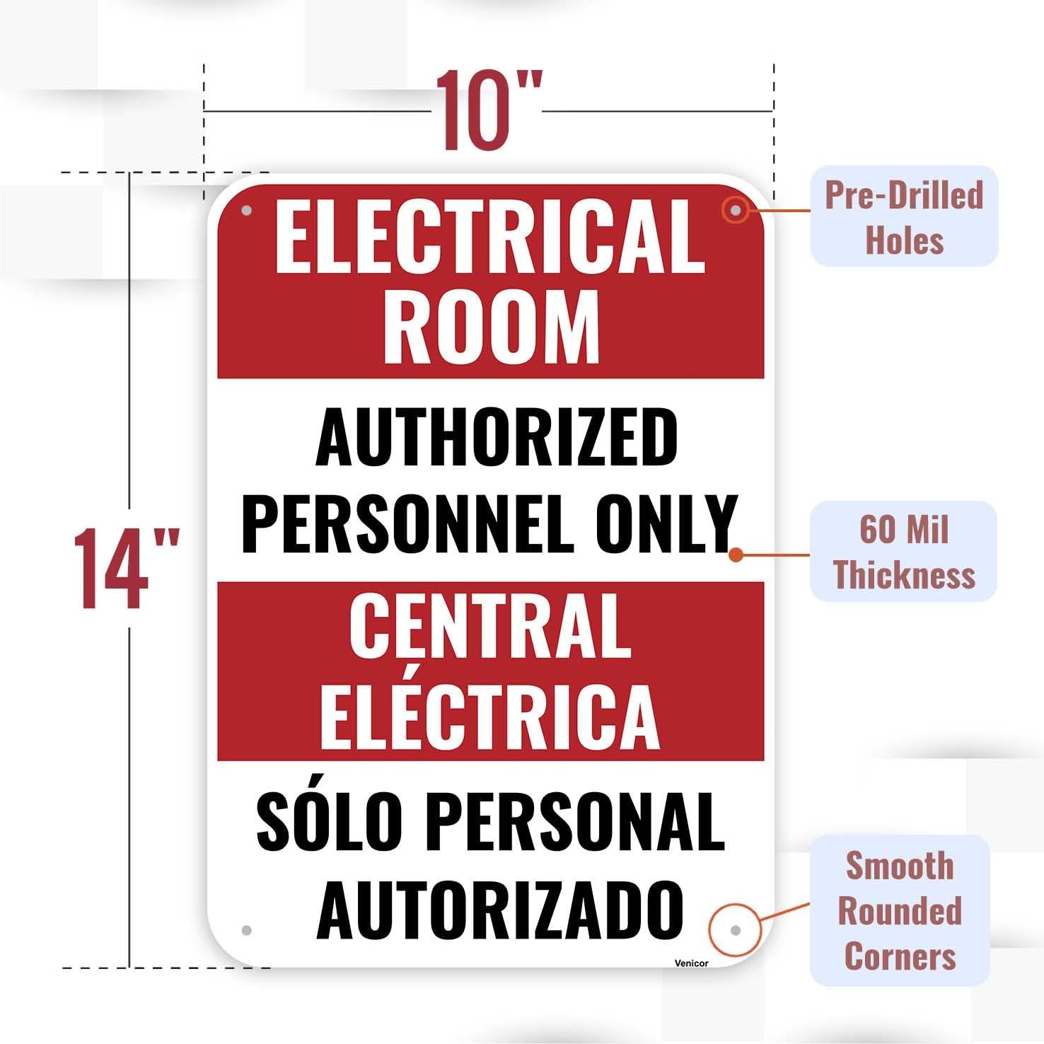 1 PC Bilingual Aluminum Electrical Room Sign Authorized Personnel 14×10 Inch