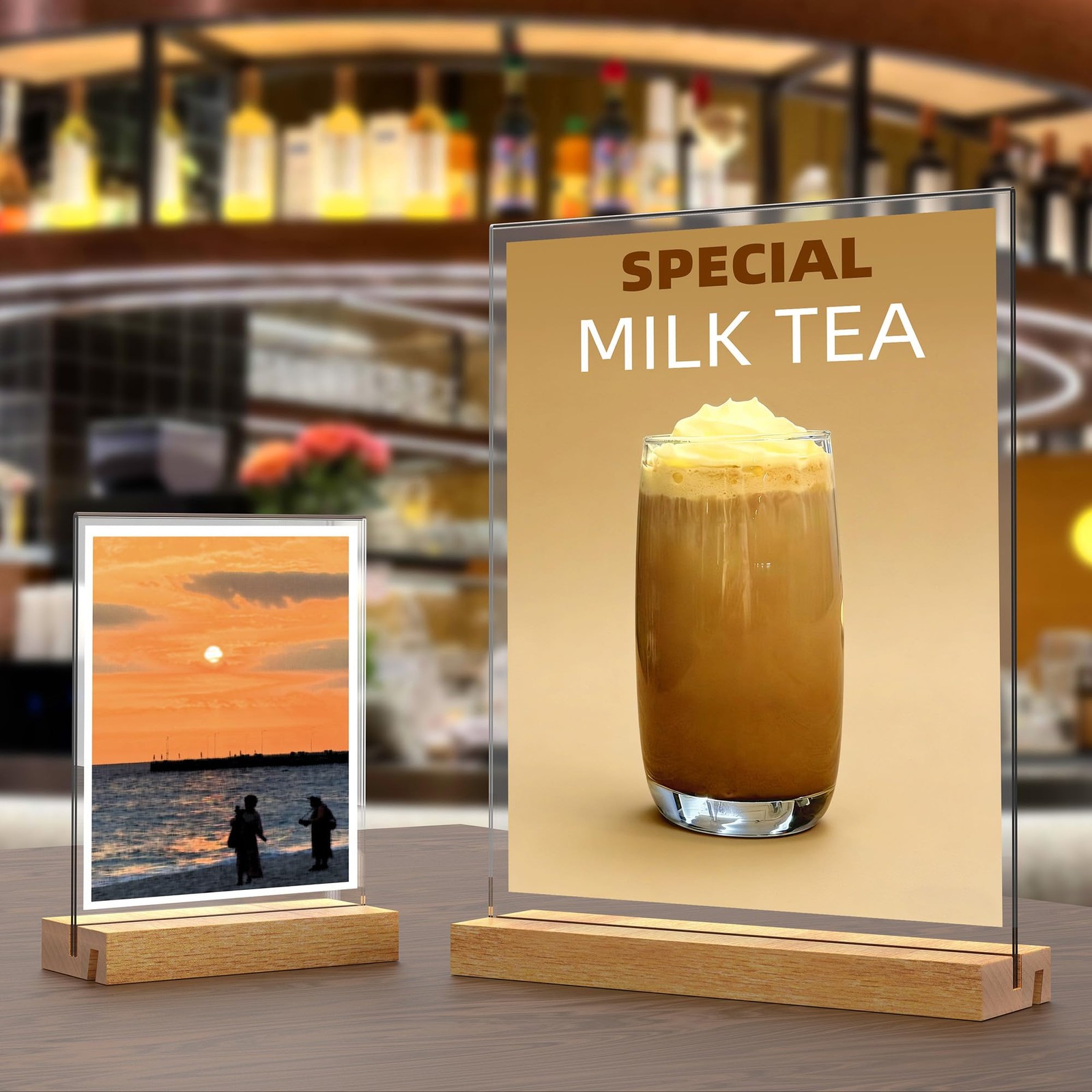 JDEA 5×7 Inch Acrylic Sign Holder with Wood Base Vertical 3 Pack 5*7&Prime;, clear