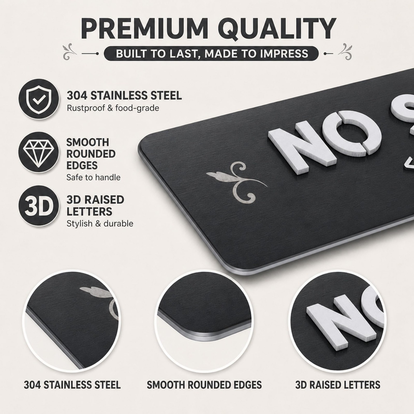 No Soliciting Sign, Matte Black – 304 Stainless Steel Raised Letters, No-D