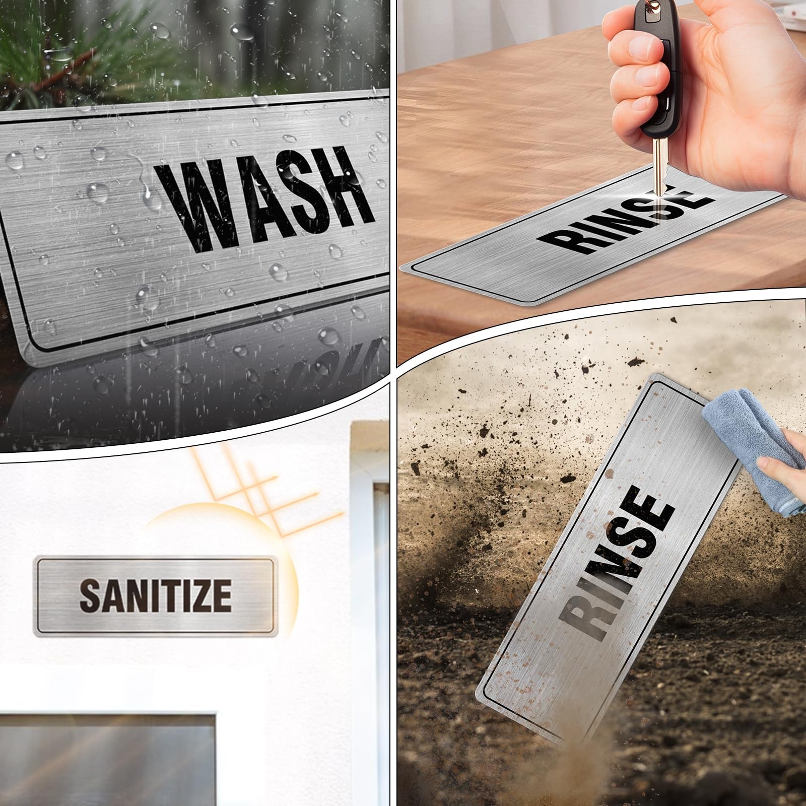 Wash Rinse Sanitize Sign Aluminum Silver 9 x 3 Inches Self-Adhesive Waterproo…