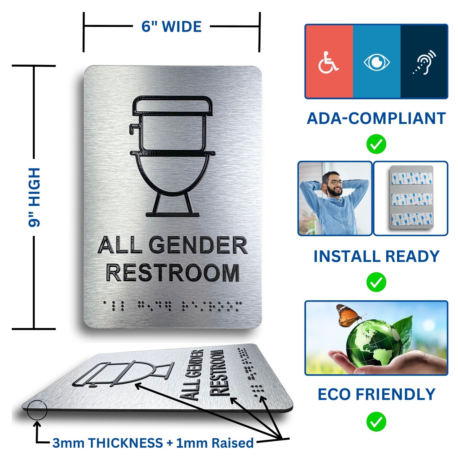 ADA Compliant, Restroom Signs, Brushed Aluminum with Braille text 6&Prime;x9&Prime;