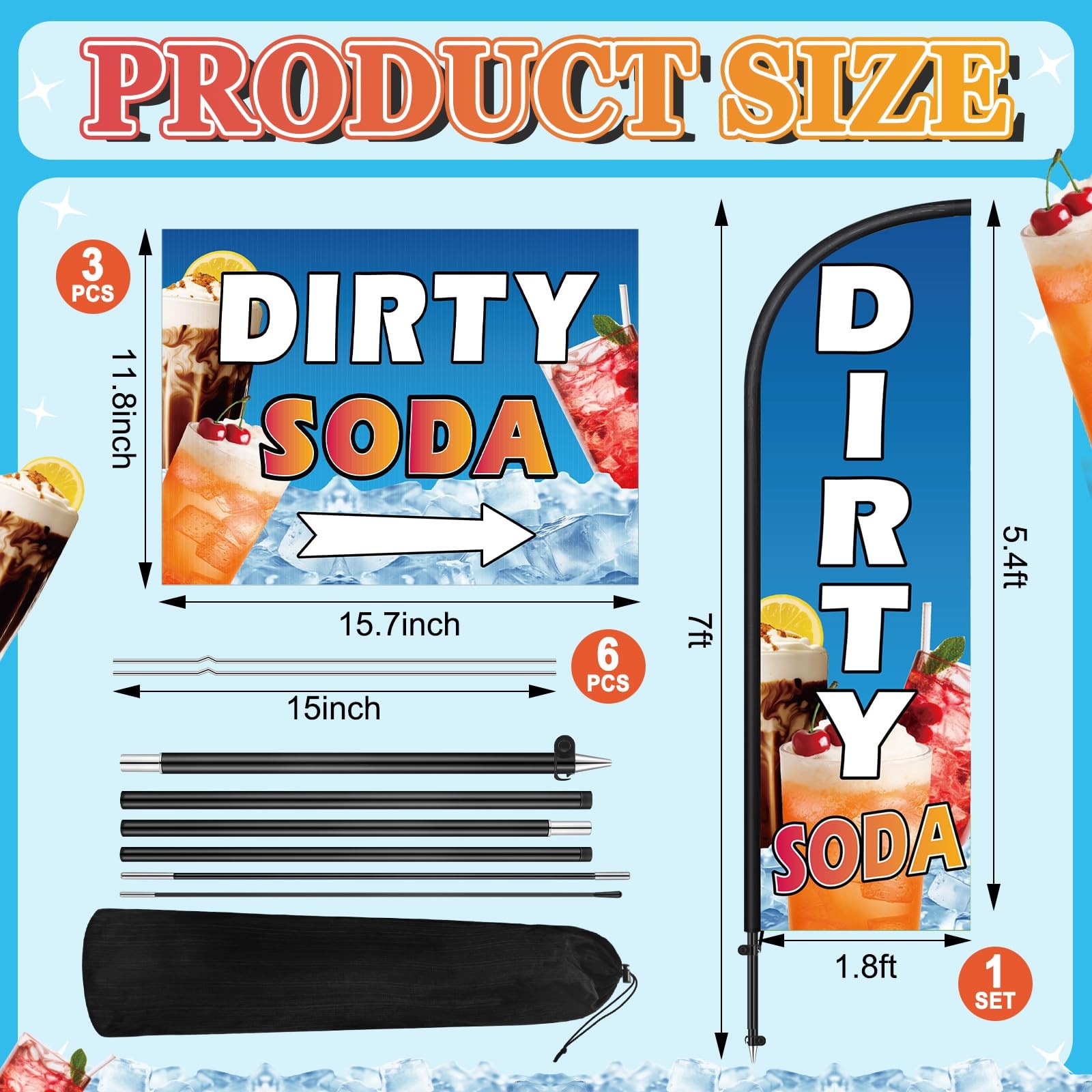 3 Pcs Dirty Soda Sign 1 Pcs 7 ft Dirty Soda Feather Flag with Pole Kit Yard S…