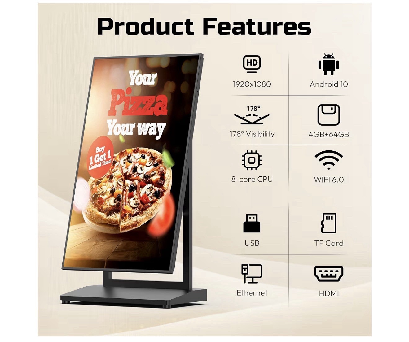 43 in LCD Digital Poster Screen Display, Floor Standing Placement Style, Black