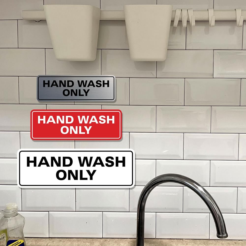 Hand Wash Only Sign Wall Door Mount Kitchen Restroom Placard Silver Small 1 PCS