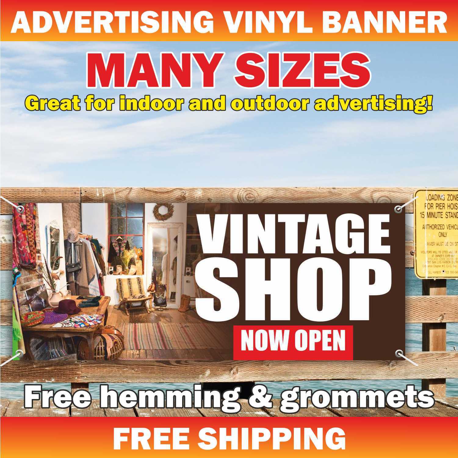 VINTAGE SHOP OPEN Advertising Banner Vinyl Mesh Sign ANTIQUE STORE COLLECTIBLES