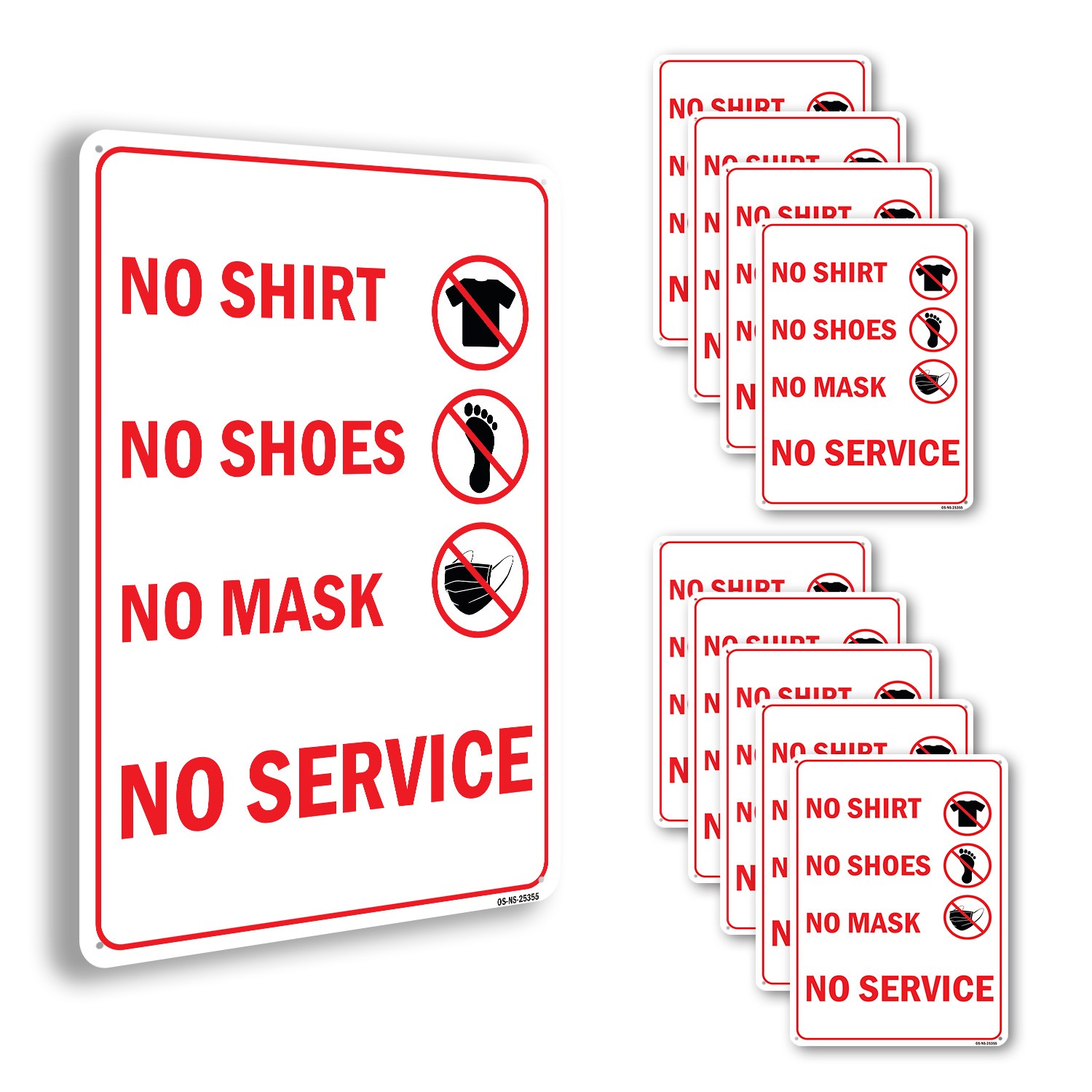 No Shirt No Shoes No Mask No Service All Red Public Safety Sign – 5 or 10 Pack