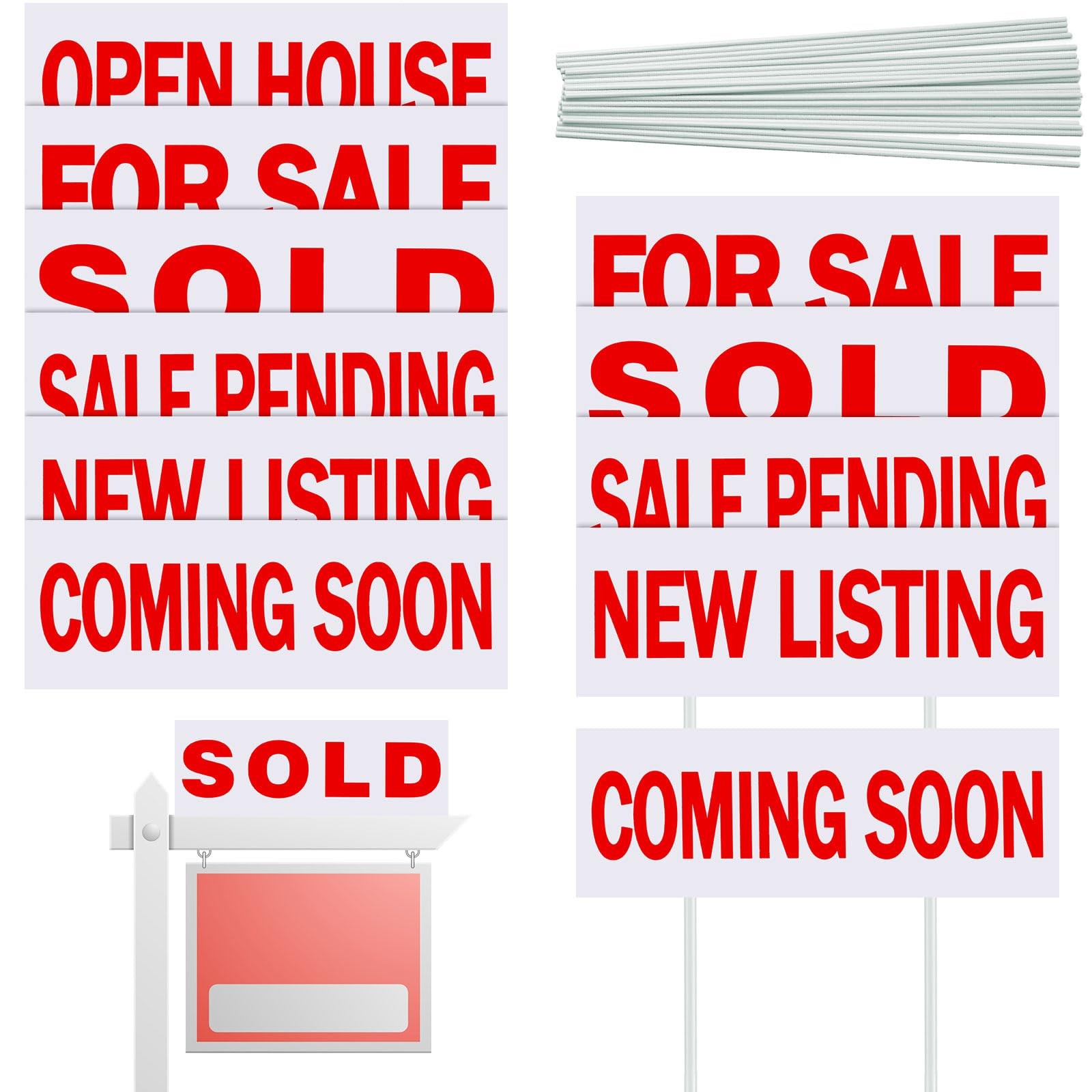 12 Pcs Real Estate Rider Signs, 6 x 17.2 Inch, 24 Stakes, Coming Soon, Sold S…
