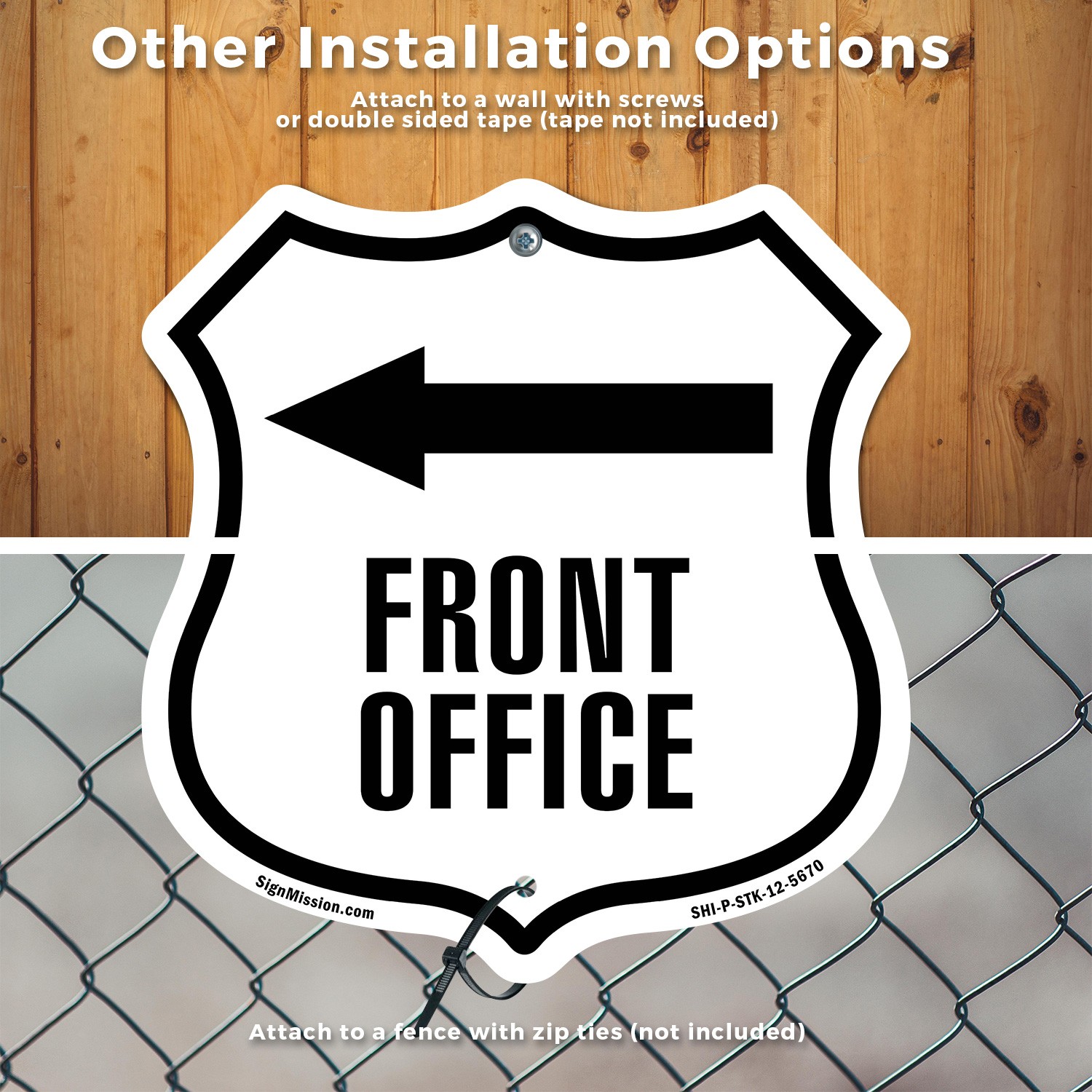 Front Office Left Shield Shaped Sign With Stake Crafted in the USA