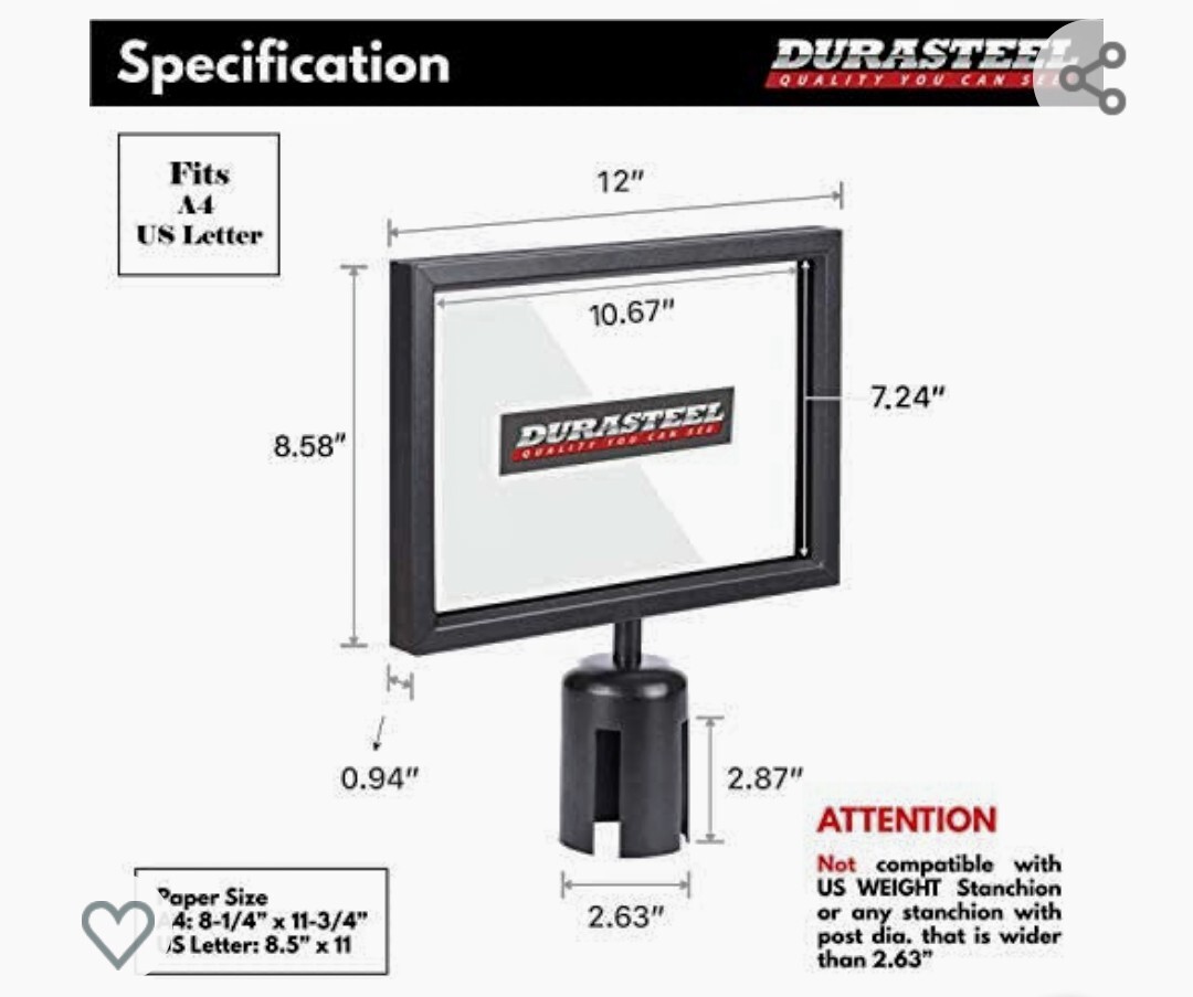 DURASTEEL Horizontal Landscape Sign Holder – NEW IN BOX – Fits 8.5&Prime; x 11&Prime; Paper