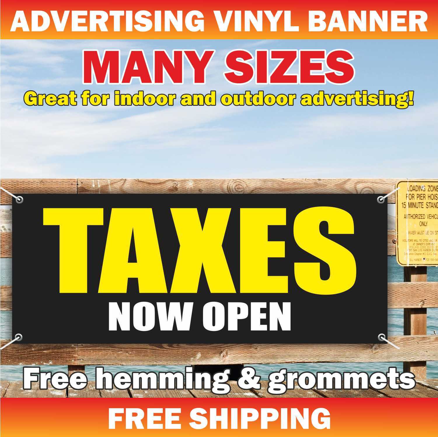 TAX NOW OPEN Advertising Banner Vinyl Mesh Sign SERVICE FAST REFUNDS check cash