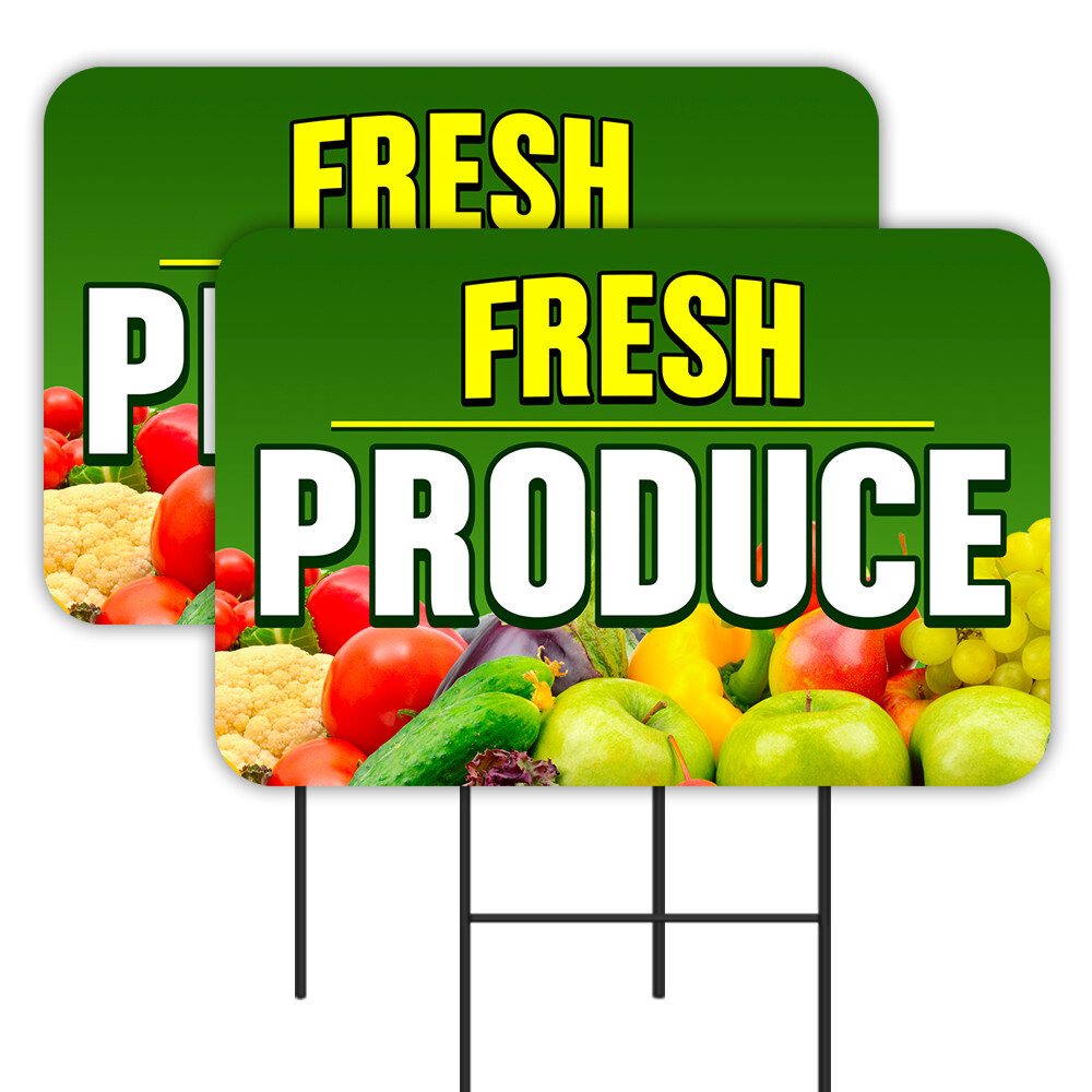 Fresh Produce 2 Pack Double-Sided Yard Signs 16&Prime; x 24&Prime; with Metal Stakes (Made i