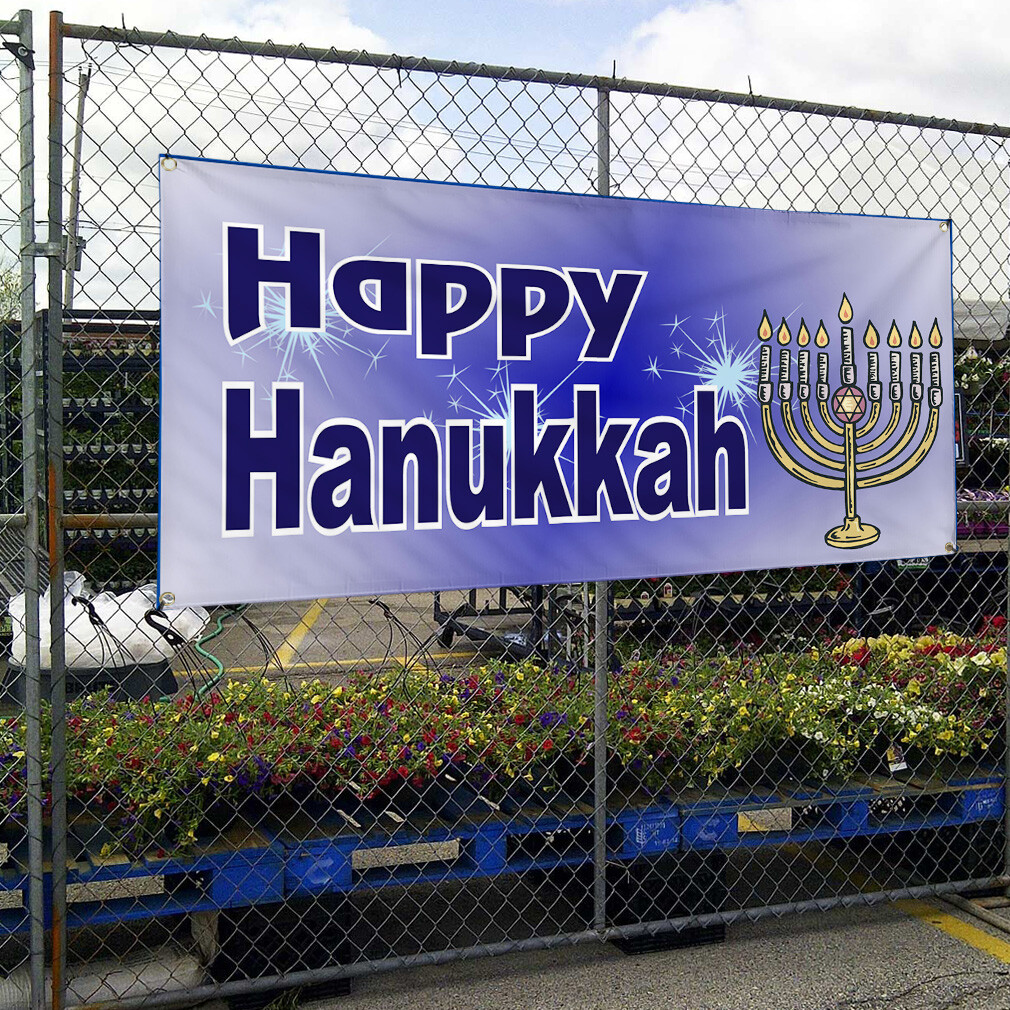 Vinyl Banner Multiple Sizes Happy Hanukkah Jewish Menorah Holidays and Occasions