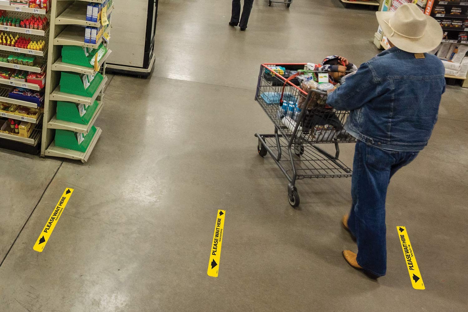 WFS81A10 Please Wait HERE Shopping Arrow, Black on Yellow, Walk ON Floor Sign…