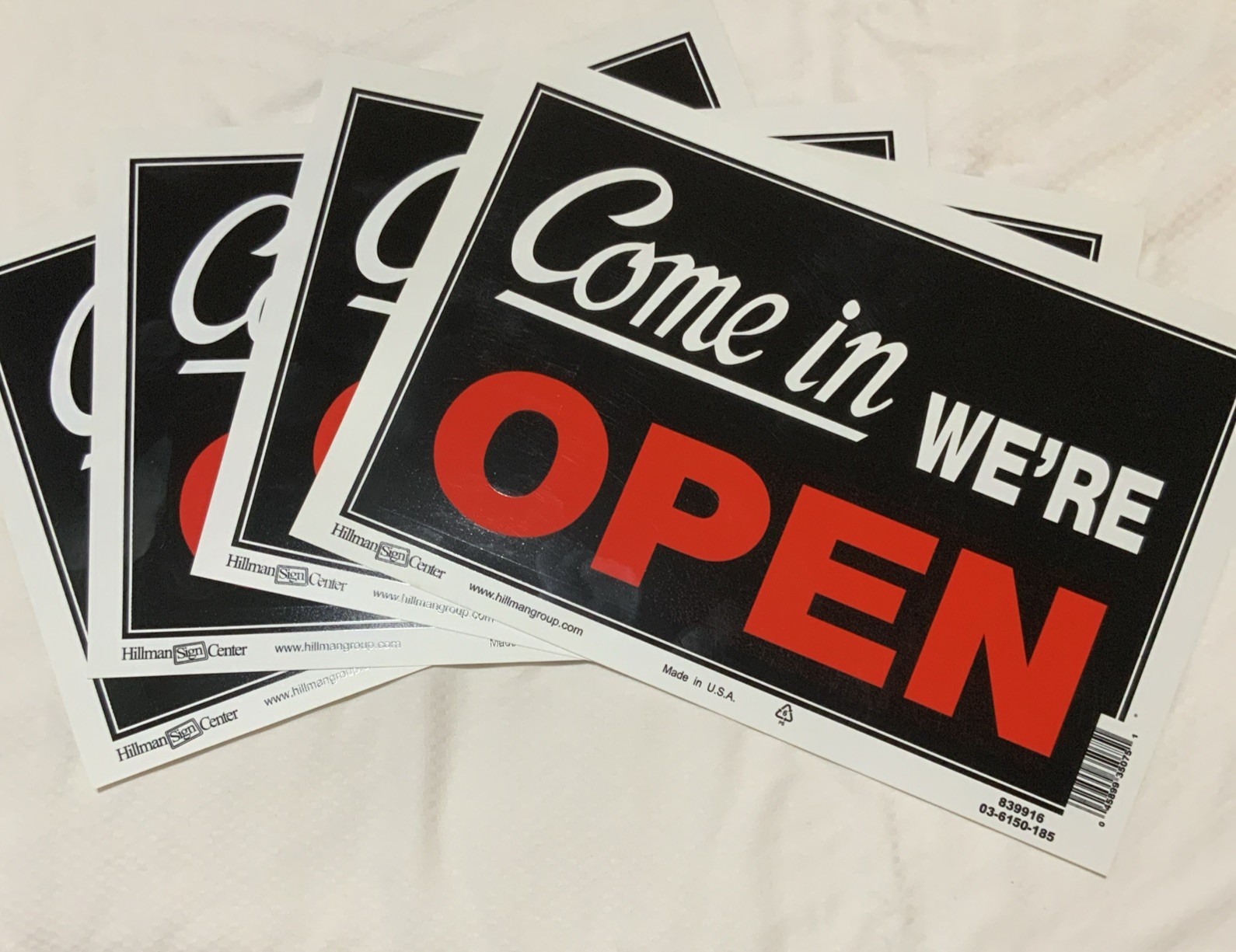 Hillman 839916 Come In We&rsquo;re Open, Sorry We&rsquo;re Closed 2 Sided Sign LOT OF 4