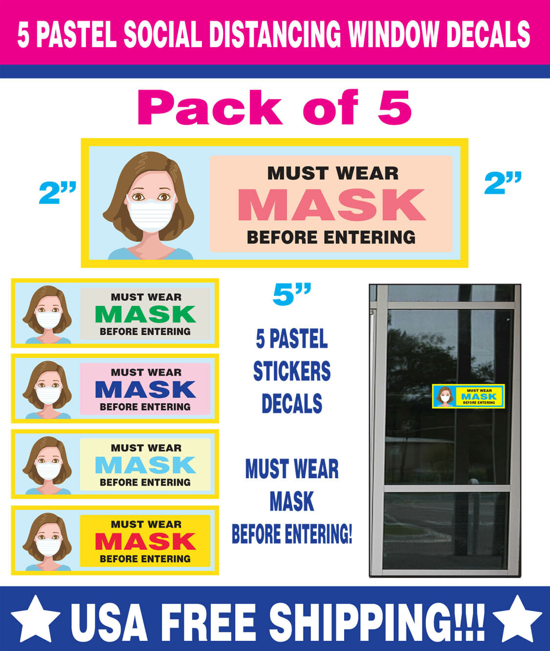 5 PASTEL SOCIAL DISTANCING DOOR DECALS -MUST WEAR MASK STICKERS 2&Prime;X5&Prime;