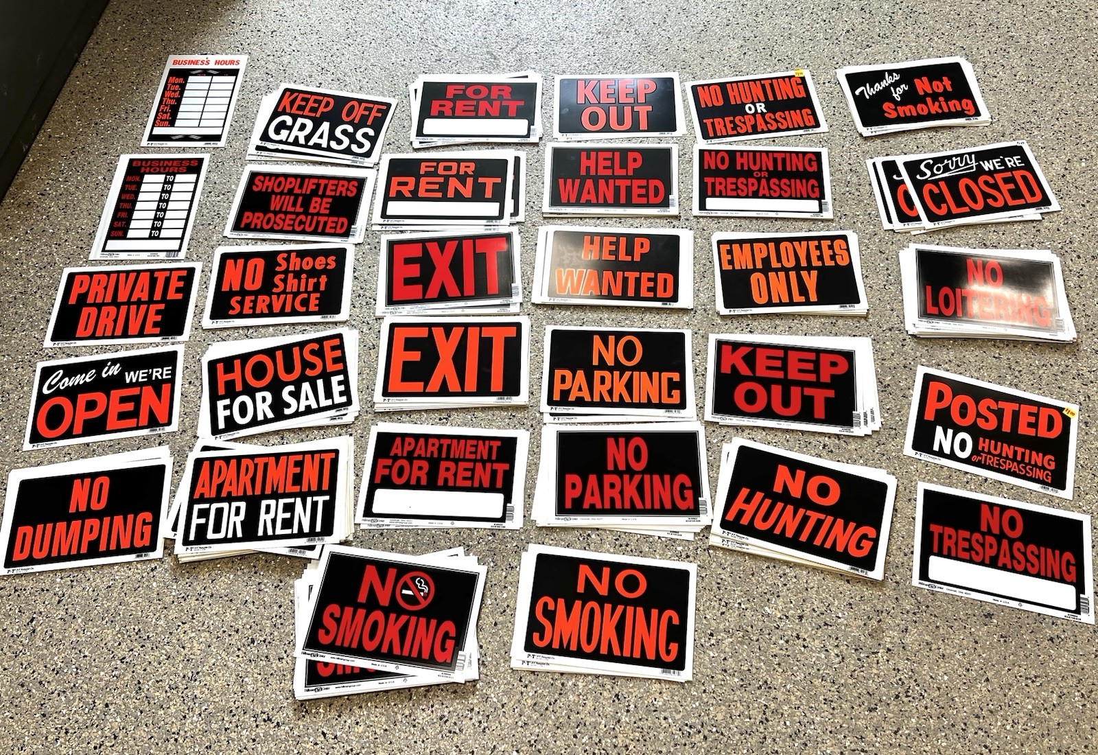 Lot Of Multiple Plastic Signs (sale, Rent, Exit, Help, Hours, And More) 8×12”
