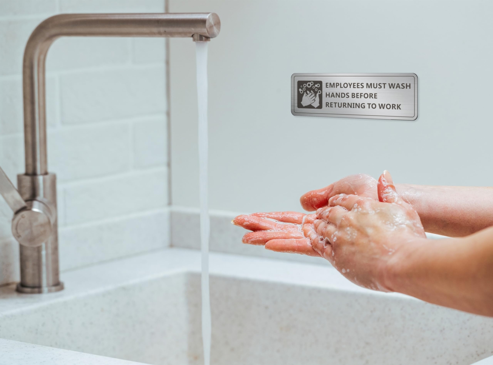 (4 Pack) Employees Must Wash Hands Sign Self-Adhesive Metal Signage for Bath