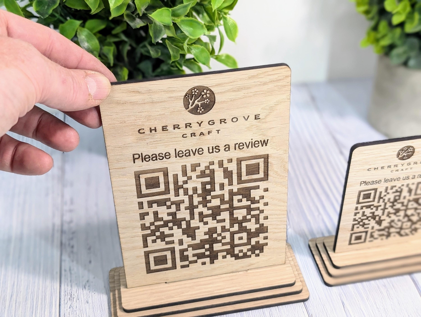QR Code &lsquo;Leave us a review&rsquo; Custom Wooden Table Signs, Personalised Logo & Link