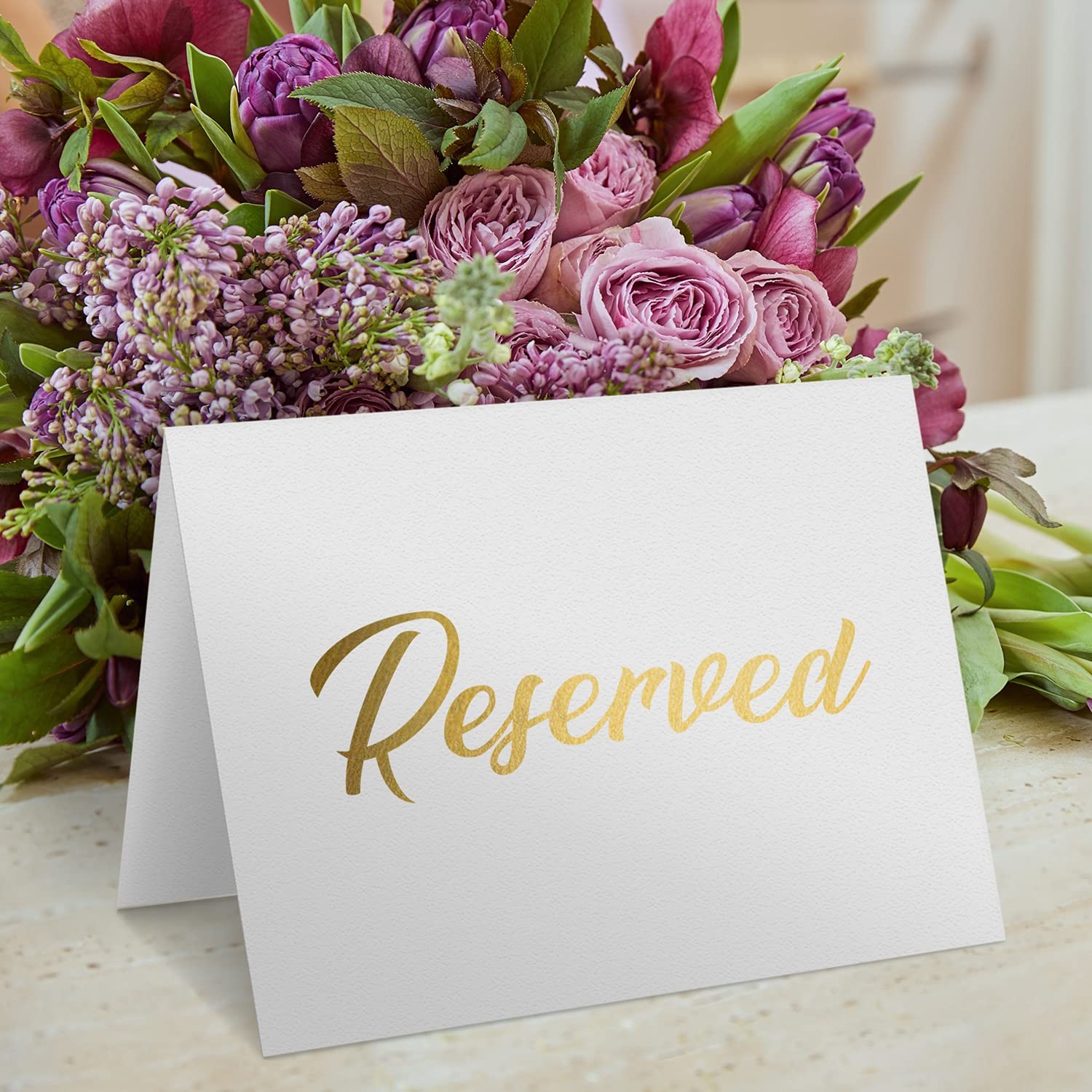 10 Pack White Reserved Seating Signs with Golden Letters 3×4 Cardstock Reserved