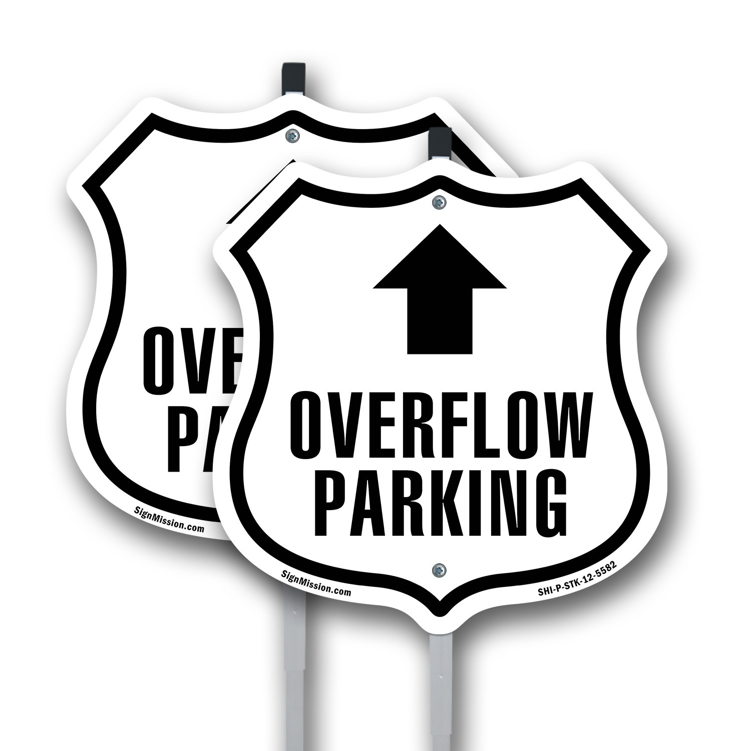 Overflow Parking Up Shield Shaped Sign With Stake Crafted in the USA
