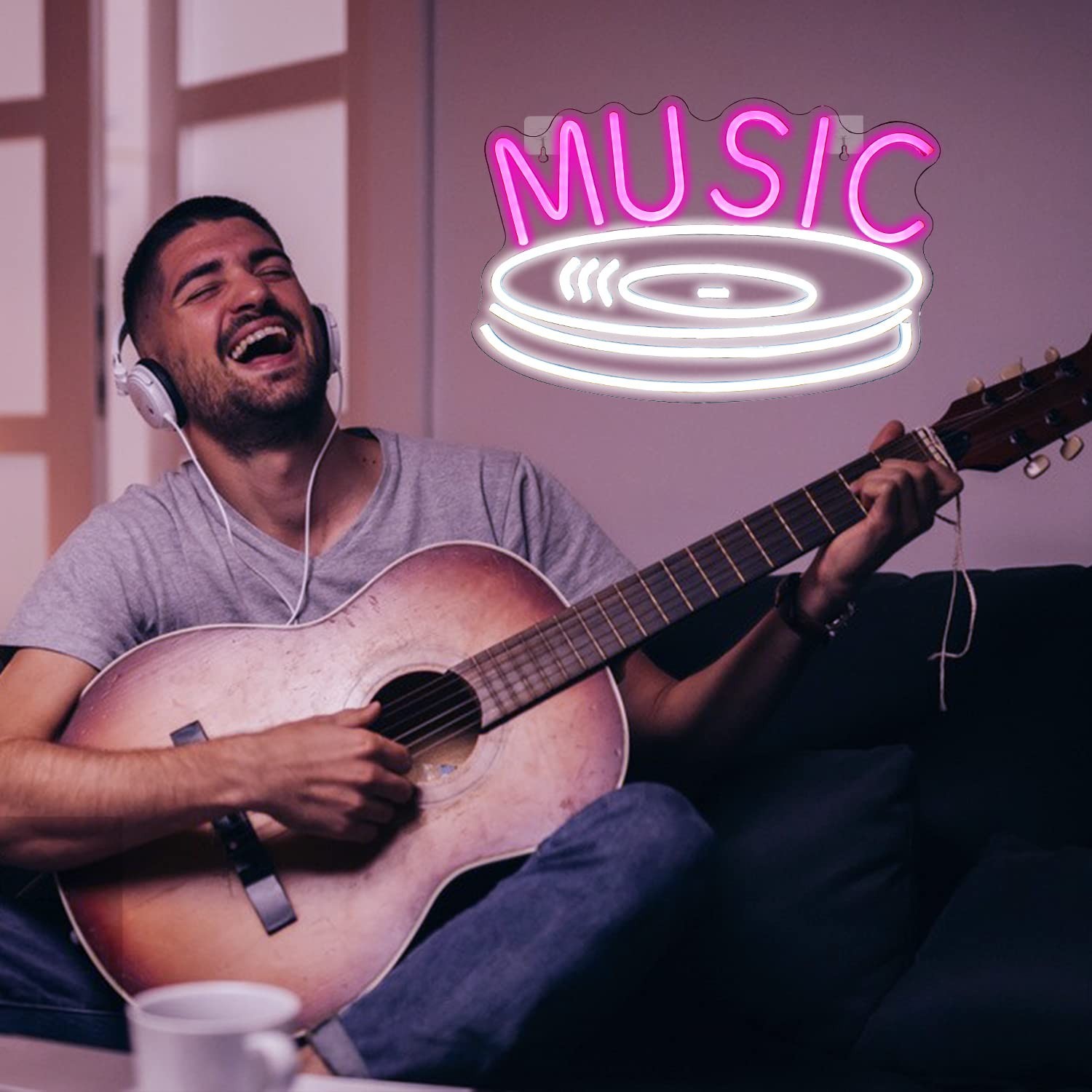 Music Record Neon Sign Pink White Led Neon Light Signs for Wall Decor Usb Lig…
