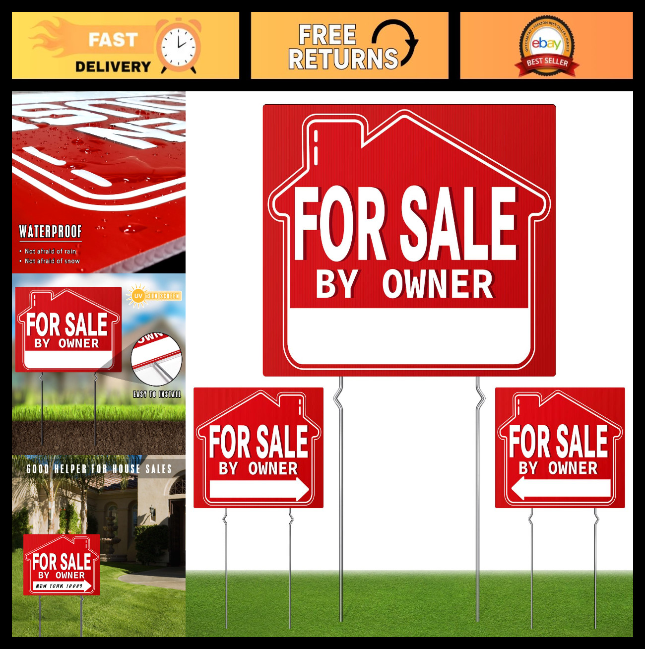 For Sale By Owner Yard Signs (3 Pack) – 18&Prime; X 14&Prime; Double-Sided with H Stakes
