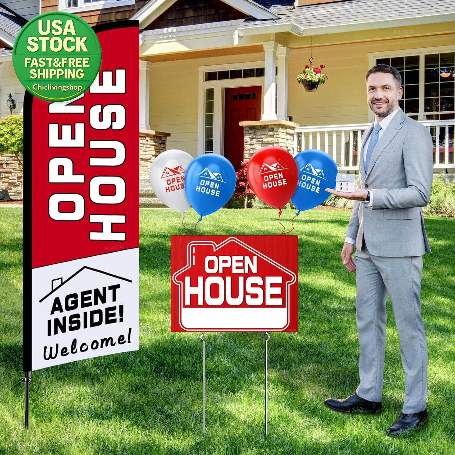 Open House Signs Kit 45 Pcs with Flag Directional Arrows Balloons for Real