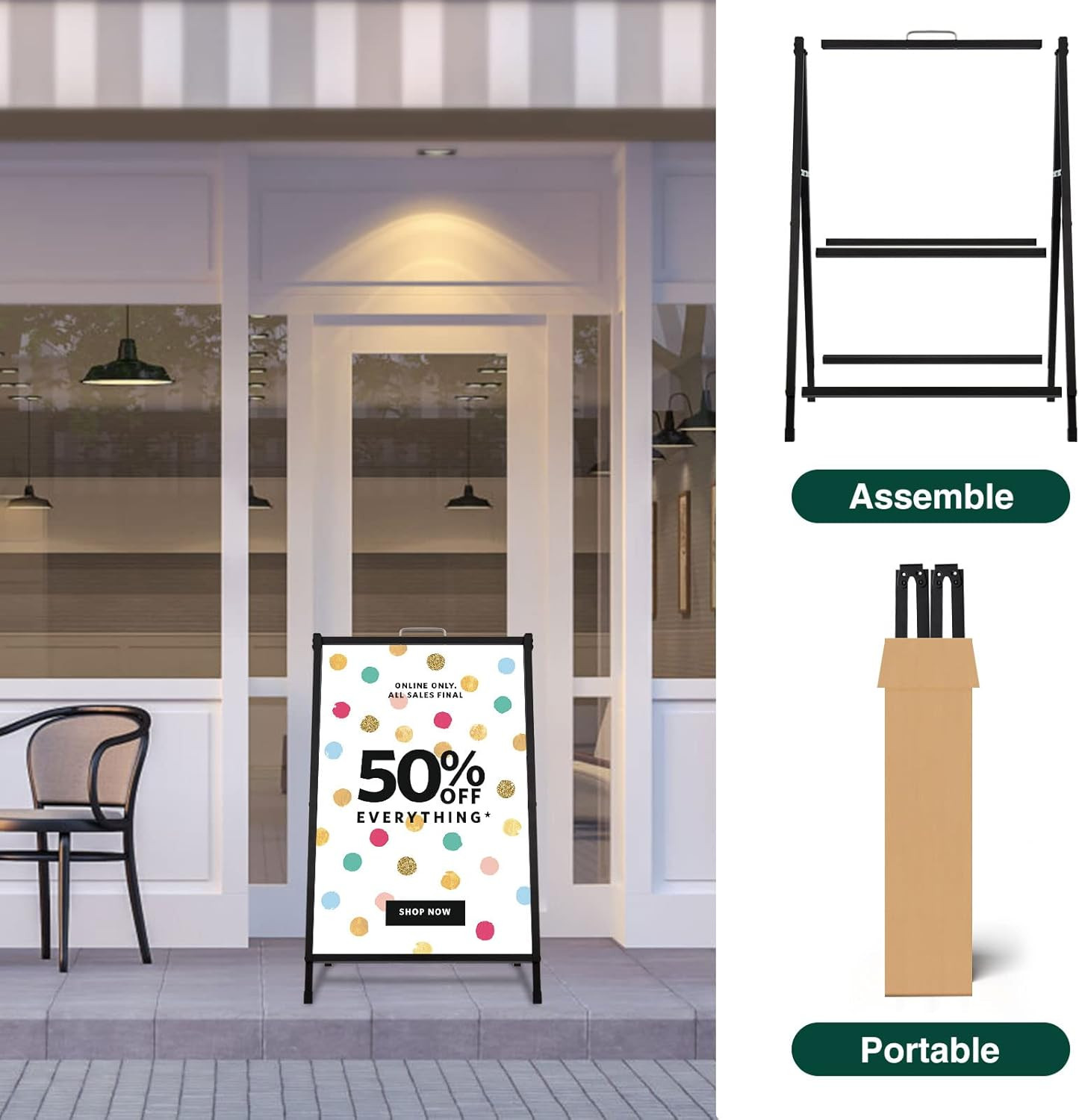 Heavy Duty Slide-In Folding A-Frame Sidewalk Sign 24X36 Inch Black Coated Steel