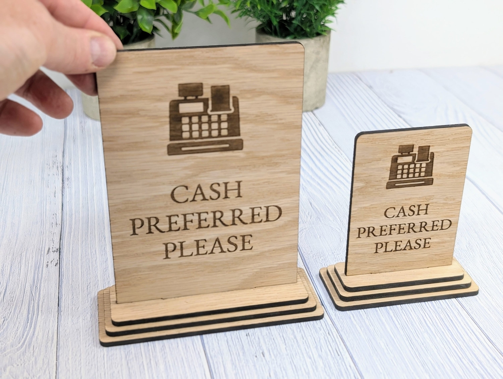 Wooden Freestanding Table Sign &lsquo;Cash Preferred&rsquo; – Perfect for Shop Signage