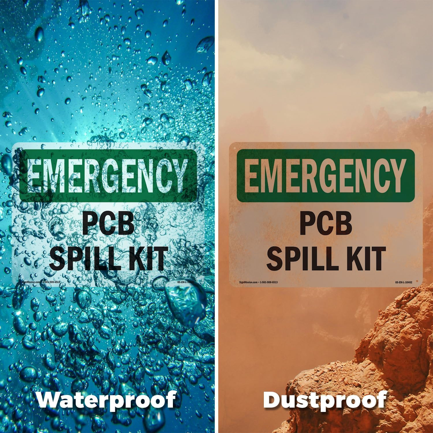 PCB Spill Kit OSHA Emergency Rigid Plastic Sign 18 Inch X 12 Inch – 10 Pack