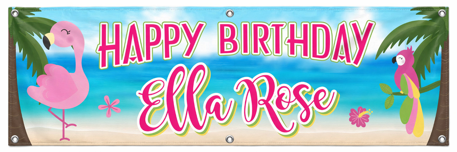 Personalized Birthday Banner Flamingo Palm Tree Sign – 15oz Heavy Duty