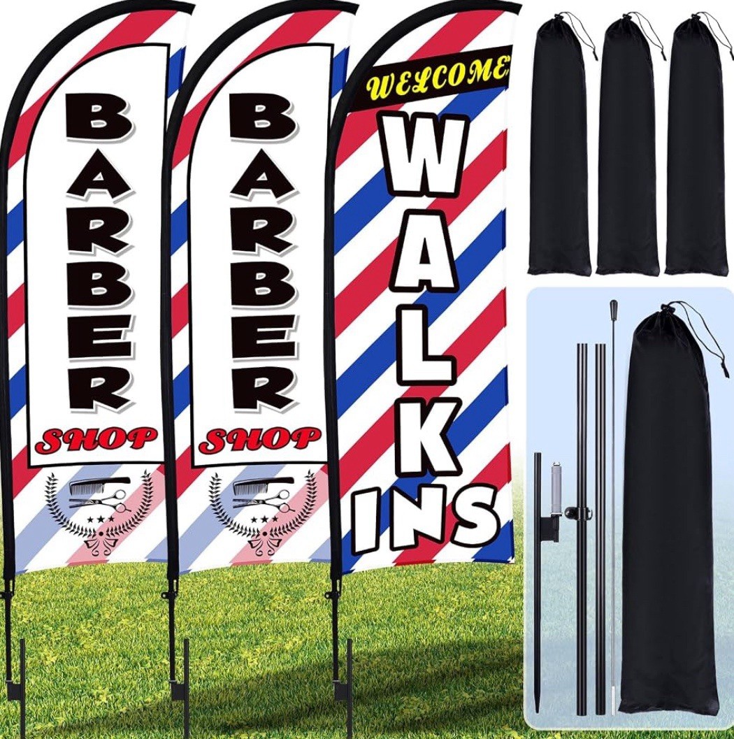 3 Set Barber Flag Walk Ins Welcome Barbershop Swooper Flag Poles, 12 FT x 2 FT