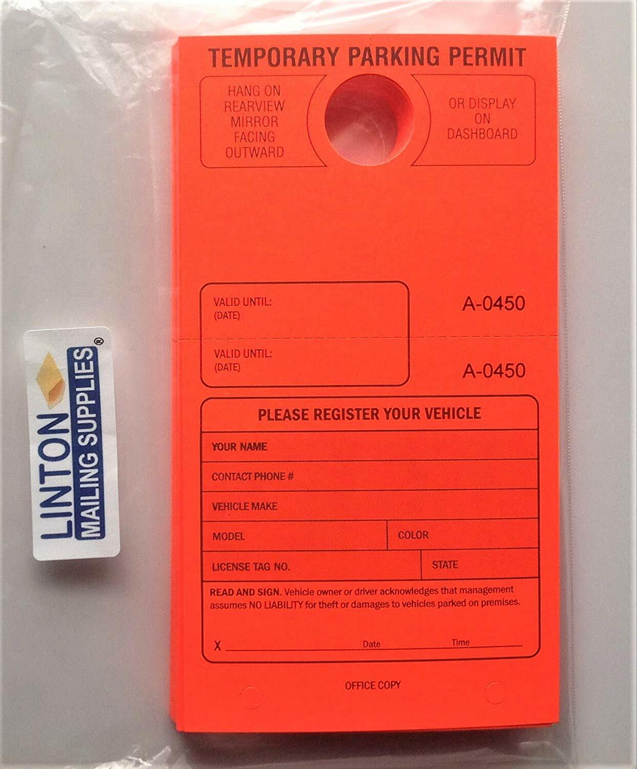 Temporary Parking Permit,7-3/4&Prime; x 4-1/4&Prime;, Bright Fluorescent Yellow – Pack of 50