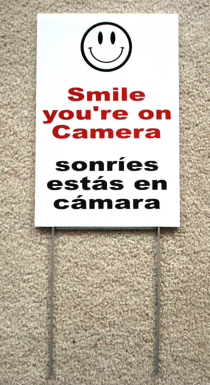 SMILE YOU&rsquo;RE ON CAMERA SIGN 8&Prime;x12&Prime; w/ Stake Security Surveillance Spanish