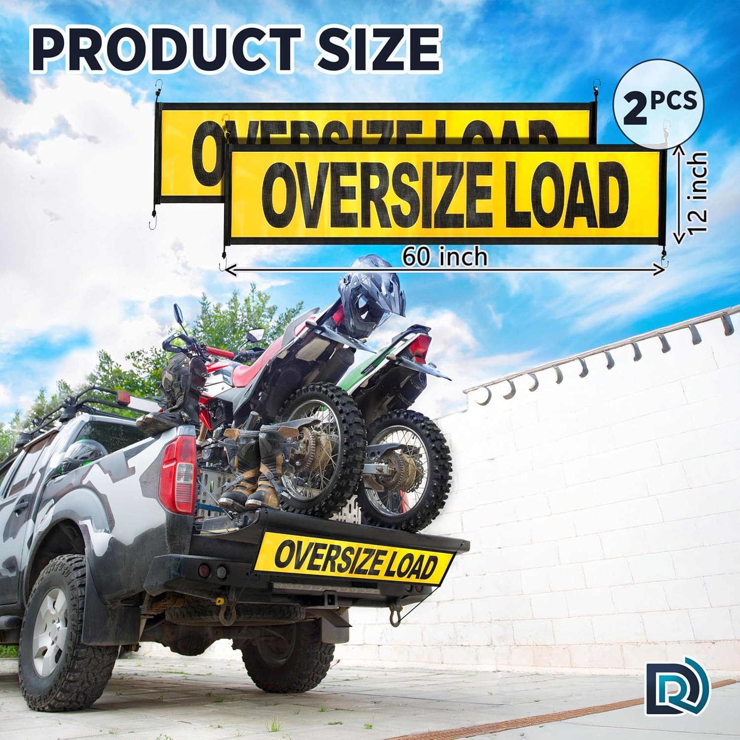 Oversize Load Truck Signs, 12×60 Inch Yellow Banners, 2 Pack with Hooks