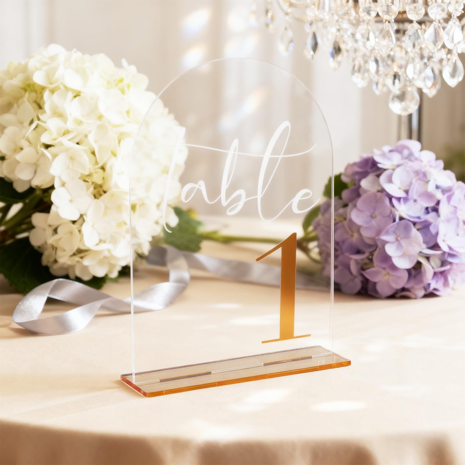 5×7 Inch Clear Arch Acrylic Wedding Table Numbers 120 Gold Font & Stands