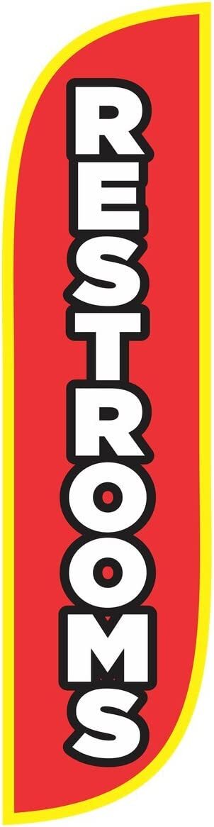 NIB LookOurWay Restrooms Red Feather Flag Event Sign Set Poles Base, 5 Foot 5&prime;