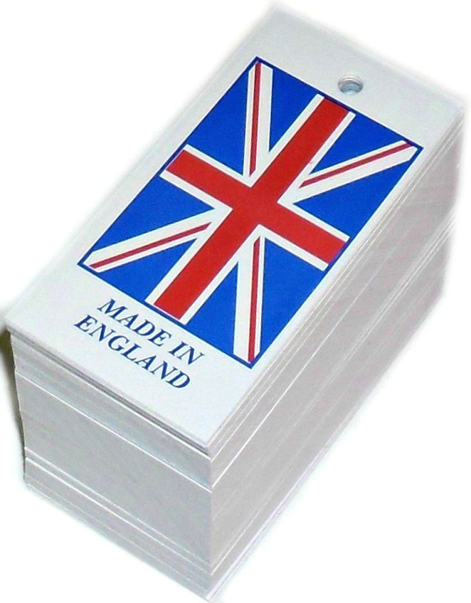 MADE IN ENGLAND, UNION JACK CLOTHES TAGS HANGING CARDS, 36MM X 73MM