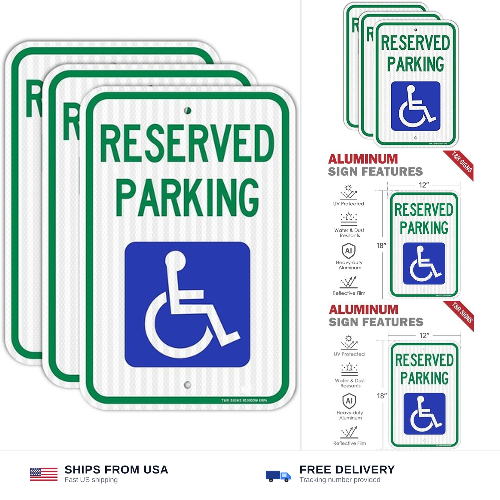 (3 Pack) Handicap Parking Sign, Reserved Parking Sign, Large 18&Prime; x 12&Prime; Engine…